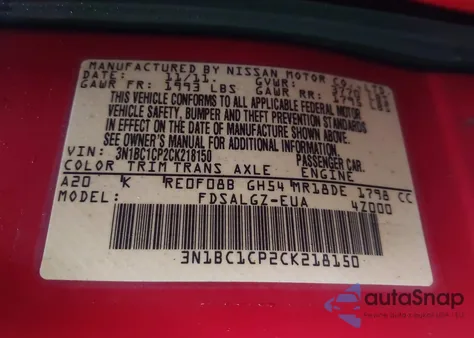 2012 Nissan Versa 1.8 Sl from USA, damaged, VIN 3N1BC1CP2CK218150
